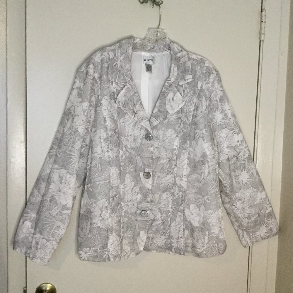 Chico's Grey & White Floral Lightweight Saeran Jacket Sz 3